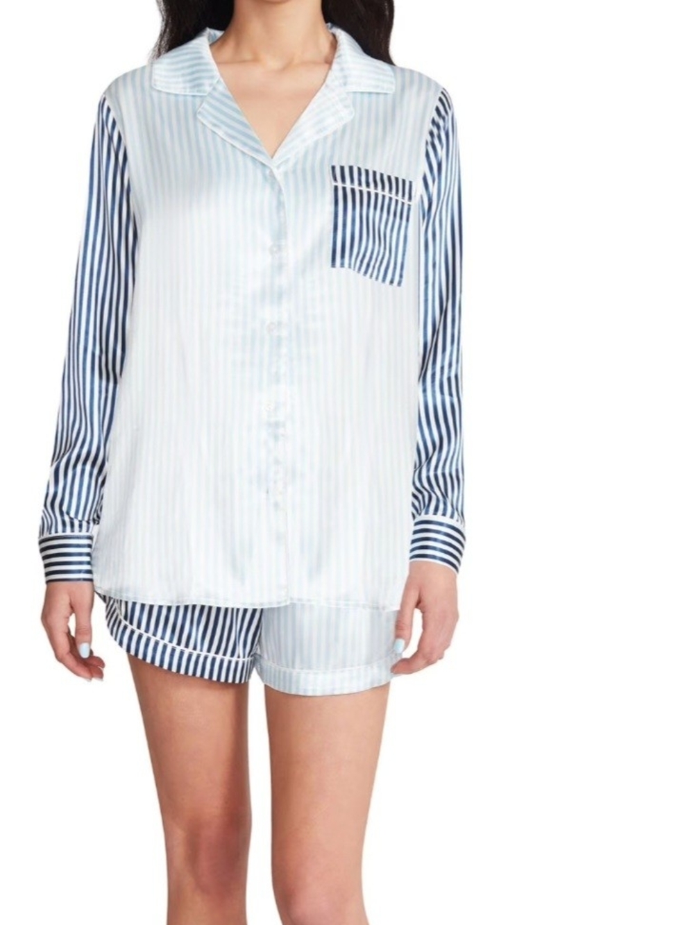 BB Dakota Two-Tone Striped Satin Pajama Set - Light Blue & Navy
